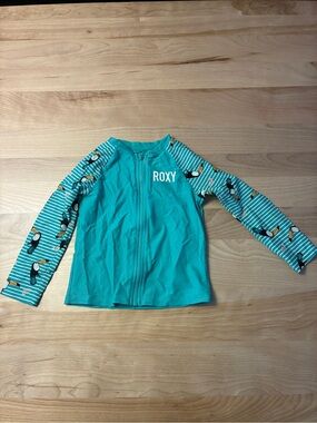 Roxy Teal Girls' Long-Sleeve Zip Rashguard with Toucan Stripe Sleeves